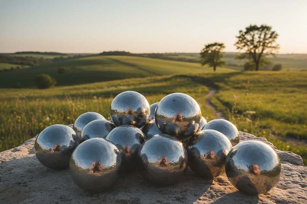 A dynamic composition featuring a cluster of metallic stanniolkugeln (tin balls) as physical anchors, placed prominently in the foreground. These balls have a reflective surface that glimmers under soft, natural light, showcasing their smooth texture and weight. In the middle ground, a serene landscape of rolling hills and gentle sunlight creates a tranquil backdrop, symbolizing balance and health. The scene is viewed from a slight low angle, emphasizing the presence of the stanniolkugeln while drawing attention to the peaceful environment surrounding them. The overall atmosphere exudes a sense of healing and grounding, with soft, warm colors enhancing a calm and hopeful mood.
