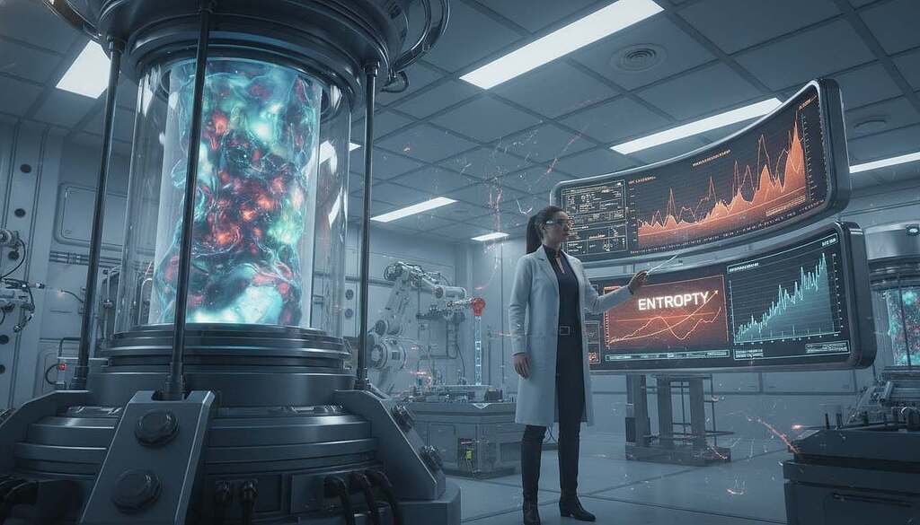 A futuristic bioreactor dominates the foreground, pulsating with bioluminescent colors, symbolizing the intertwining of technology and life. In the middle ground, a scientist in professional attire examines the reactor with an analytical expression, pointing to display screens filled with dynamic graphs illustrating entropy changes. The background features a sleek lab filled with advanced equipment, illuminated by soft, ambient lighting that creates a sterile yet innovative atmosphere. The entire scene captures the essence of thermodynamics, hinting at the Second Law through abstract representations of energy flow and disorder. The perspective is slightly angled upwards, emphasizing the reactor's towering presence, evoking a sense of awe and curiosity about the future of biotechnology.