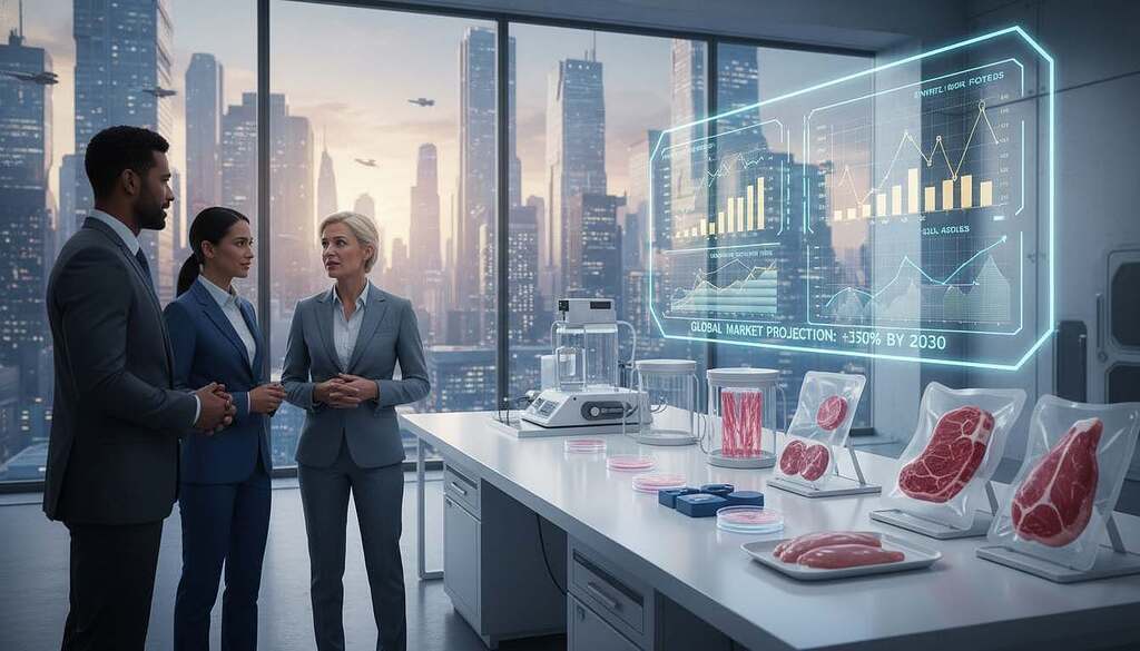A futuristic office setting symbolizing the economic reality of lab-grown meat. In the foreground, a diverse group of three professionals in business attire, animatedly discussing charts and graphs on a large transparent screen displaying growth metrics and market trends. The middle layer features sleek lab equipment and meat prototypes displayed on a polished workbench, with vibrant colors suggesting innovation. In the background, a panoramic cityscape visible through large windows, emphasizing the high-stakes atmosphere. Bright, clear lighting floods the space, creating a sense of opportunity and ambition. The mood is one of intense focus and hopeful progress, encapsulating the intersection of technology and market dynamics in the emerging field of lab-grown food.