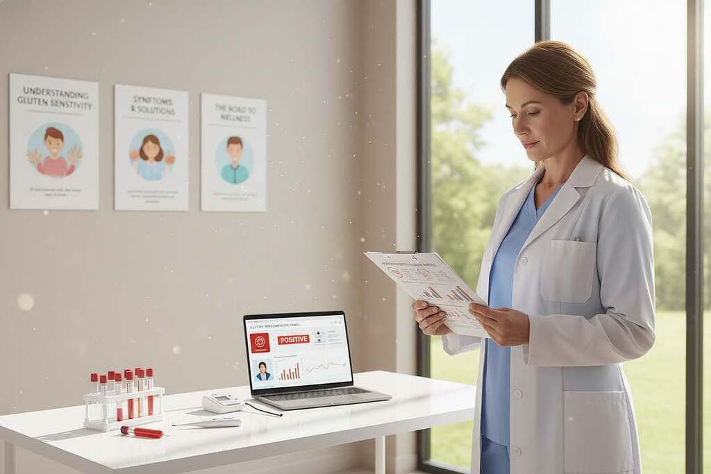 A healthcare professional, a middle-aged woman in a white lab coat, examines a set of diagnostic tests for gluten intolerance in a bright, modern clinic. In the foreground, the professional holds a clipboard with detailed charts and graphs displaying test results. The middle ground features a sleek examination table with medical instruments and a laptop showing health data, while a wall of the clinic is adorned with educational posters about gluten sensitivity. The background includes a large window, letting in natural light, creating an inviting atmosphere. The lighting is warm and soft, suggesting a reassuring environment. The overall mood is one of professionalism and hope, reflecting the journey towards medical certainty regarding gluten intolerance. A healthcare professional, a middle-aged woman in a white lab coat, examines a set of diagnostic tests for gluten intolerance in a bright, modern clinic. In the foreground, the professional holds a clipboard with detailed charts and graphs displaying test results. The middle ground features a sleek examination table with medical instruments and a laptop showing health data, while a wall of the clinic is adorned with educational posters about gluten sensitivity. The background includes a large window, letting in natural light, creating an inviting atmosphere. The lighting is warm and soft, suggesting a reassuring environment. The overall mood is one of professionalism and hope, reflecting the journey towards medical certainty regarding gluten intolerance.