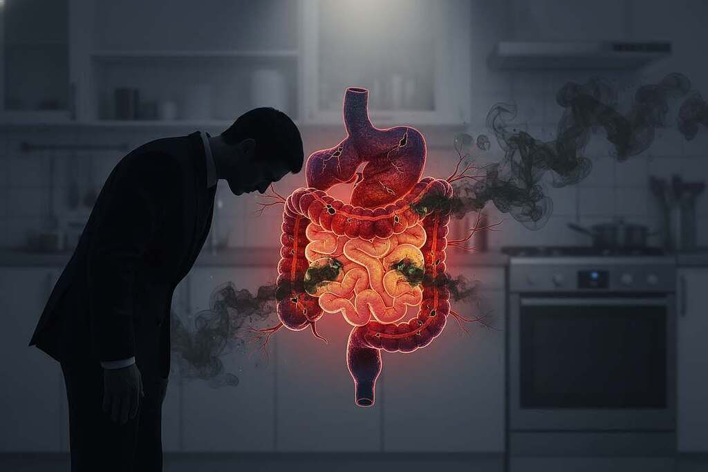 A human silhouette stands at the forefront, slightly hunched, indicating discomfort. The figure is depicted in professional business attire, conveying seriousness about chronic health issues. In the middle ground, a vibrant yet unsettling representation of the human intestinal tract, with visible inflammation and irritation, showcasing the concept of leaky gut syndrome. Introduce visual metaphors like small cracks or gaps, symbolizing leaks, surrounded by abstract representations of harmful substances trying to escape into the bloodstream. The background features a blurry, darkened kitchen environment, emphasizing a common place of dietary challenges. Soft, focused lighting highlights the intestinal imagery, creating a solemn atmosphere that captures the essence of chronic inflammation as a silent enemy in the body. Use a slightly elevated angle to suggest an overview of the situation, while maintaining a compassionate tone. A human silhouette stands at the forefront, slightly hunched, indicating discomfort. The figure is depicted in professional business attire, conveying seriousness about chronic health issues. In the middle ground, a vibrant yet unsettling representation of the human intestinal tract, with visible inflammation and irritation, showcasing the concept of leaky gut syndrome. Introduce visual metaphors like small cracks or gaps, symbolizing leaks, surrounded by abstract representations of harmful substances trying to escape into the bloodstream. The background features a blurry, darkened kitchen environment, emphasizing a common place of dietary challenges. Soft, focused lighting highlights the intestinal imagery, creating a solemn atmosphere that captures the essence of chronic inflammation as a silent enemy in the body. Use a slightly elevated angle to suggest an overview of the situation, while maintaining a compassionate tone.