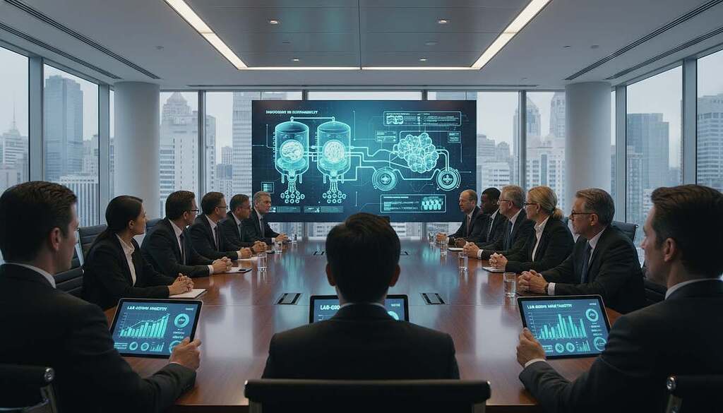 A modern corporate conference room setting with a large, polished table at the center, surrounded by diverse business professionals in formal attire discussing the lab-grown meat industry. In the foreground, focus on a group of investors analyzing charts and projections on digital tablets, showing graphs and figures of the industry's growth. The middle ground features a large screen displaying futuristic visuals of lab-grown meat production, highlighting innovation. The background captures a city skyline through expansive windows, symbolizing the concentration of power and influence in the business world. Soft, ambient lighting creates a serious yet optimistic atmosphere, while a wide-angle lens showcases the scale of the room and the intensity of the discussion.