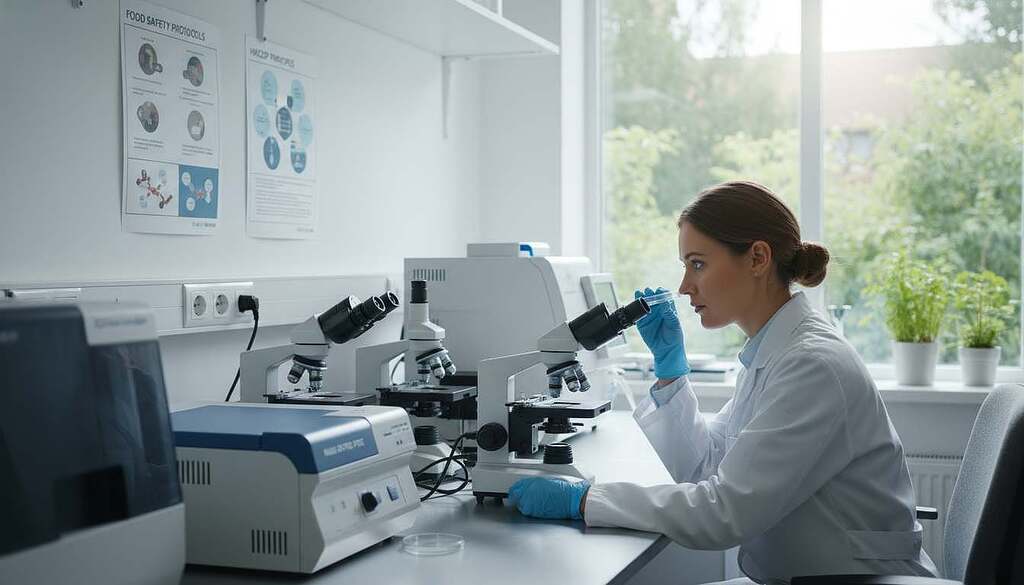 A modern laboratory setting focused on food safety, showcasing a clean, well-organized space. In the foreground, a scientist in a white lab coat examines a petri dish with a thoughtful expression, symbolizing scrutiny and transparency. The middle ground features state-of-the-art equipment, including microscopes and safety protocols visibly displayed, emphasizing the importance of regulation. In the background, large windows allow natural light to flood the room, creating a bright and optimistic atmosphere. Soft, diffuse lighting enhances the sterile environment, while hints of greenery outside suggest a connection to natural food sources. The image conveys a sense of responsibility and meticulous care in food production, setting a serious yet hopeful tone regarding food safety and transparency.