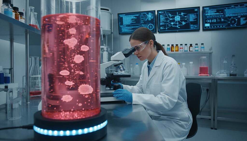 A modern laboratory setting focused on the concept of cultured meat production. In the foreground, a clear glass container filled with a vibrant, translucent nutrient solution bubbles gently, illuminated by soft, cool LED lighting. In the middle ground, a researcher in a white lab coat, wearing glasses and gloves, inspects a sample with a microscope, exuding a sense of curiosity and dedication. The background is filled with high-tech lab equipment, shelves stocked with various biochemicals, and digital monitors displaying data analytics. The atmosphere is clinical yet innovative, emphasizing the intersection of science and technology in food production. The scene is captured in a slightly angled perspective, highlighting both the subject and the intricate lab environment, inviting a sense of wonder about the future of food.