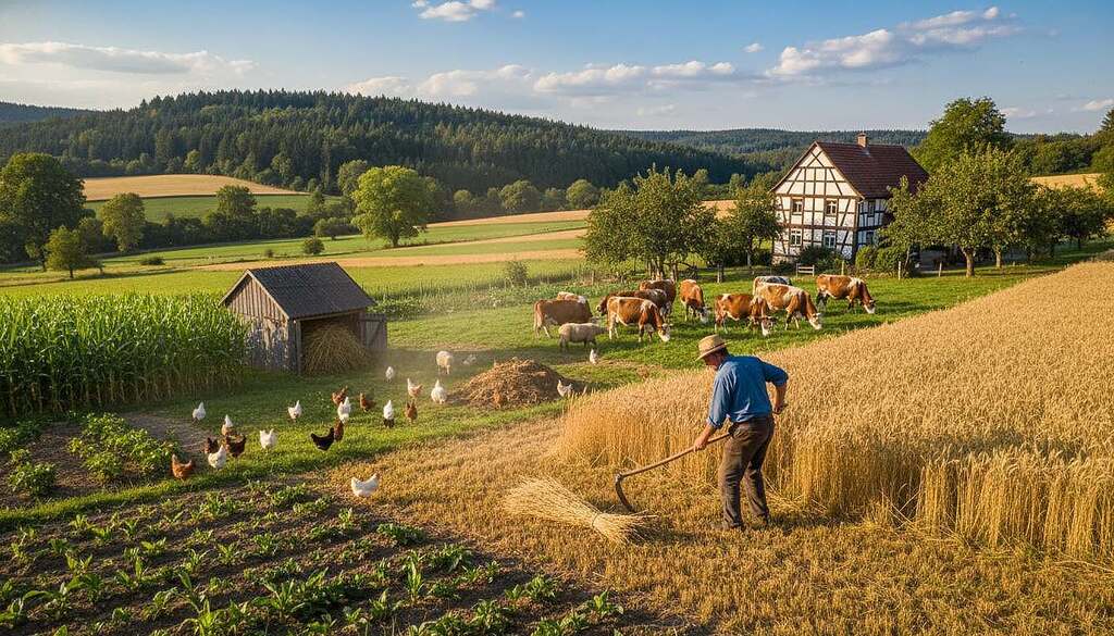 A picturesque rural landscape depicting traditional farming practices in Germany. In the foreground, a skilled farmer in modest, casual clothing tends to a lush green field of crops, showcasing vital agricultural work. In the middle ground, several farm animals, such as cows and chickens, interact harmoniously with their surroundings, emphasizing the importance of biodiversity in sustainable farming. The background features a quaint farmhouse, surrounded by rolling hills and vibrant trees, under a bright blue sky with soft, fluffy clouds. Gentle, warm sunlight bathes the scene, creating an inviting atmosphere that reflects a deep connection to the land. The overall mood is one of tranquility and resilience, capturing the essence of traditional agriculture in the face of modern challenges.