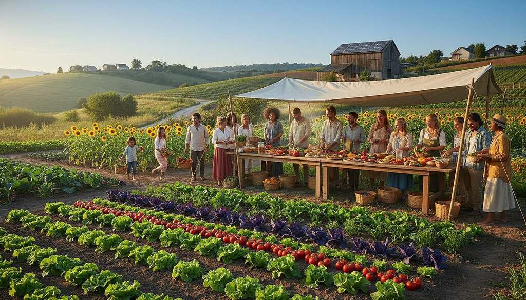 A serene and harmonious landscape featuring an organic farm, lush green fields filled with vibrant vegetables and herbs in the foreground. In the middle ground, depict a diverse group of people in modest casual clothing, engaging in cooking and sharing healthy meals made from natural ingredients, illustrating a sense of community and holistic health. The background should include a clear blue sky with soft, warm sunlight filtering through, creating an uplifting and peaceful atmosphere. Use a slightly elevated angle to capture the vibrant colors and textures of the food and plants, while the lighting should convey warmth and healthiness, enhancing the overall feeling of vitality and well-being.