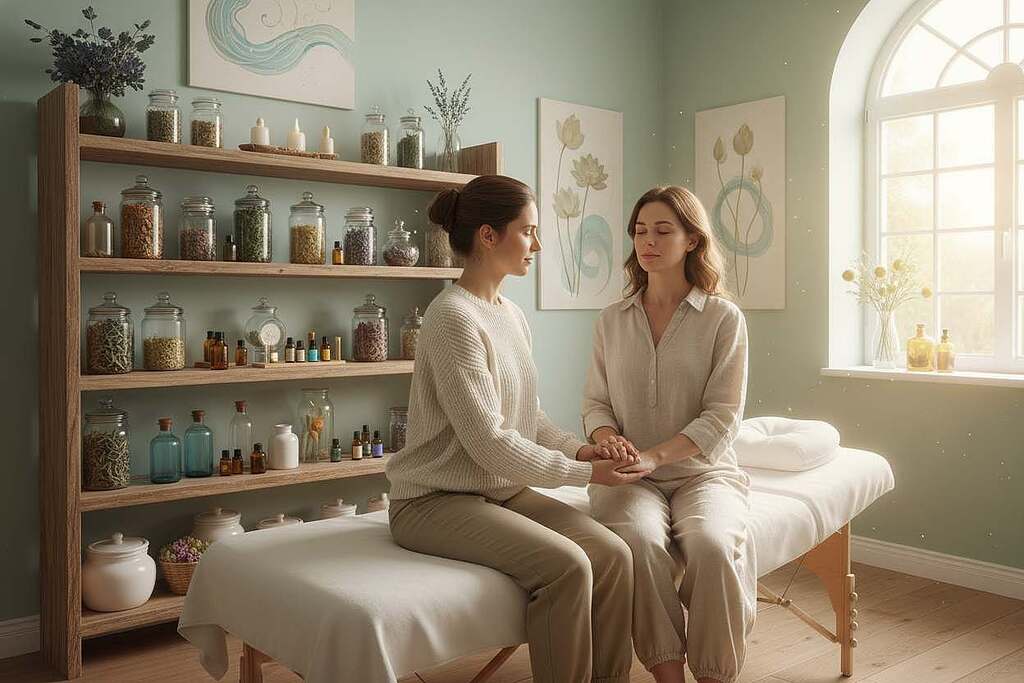 A serene and harmonious wellness clinic setting, where the concept of "Reinigungsschmerz" is illustrated through the process of purification and healing. In the foreground, a professional therapist, dressed in smart casual attire, assists a patient seated on a comfortable treatment table, embodying empathy and care. In the middle ground, shelves filled with natural healing herbs and colorful essential oils create a calming atmosphere. The background features soft, warm lighting that highlights the tranquil colors of the walls, adorned with soothing art pieces reflecting nature. A window allows gentle sunlight to stream in, enhancing the overall mood of healing and transformation. The scene conveys a sense of hope and enlightenment on the journey to wellness, capturing the essence of emotional and physical renewal.