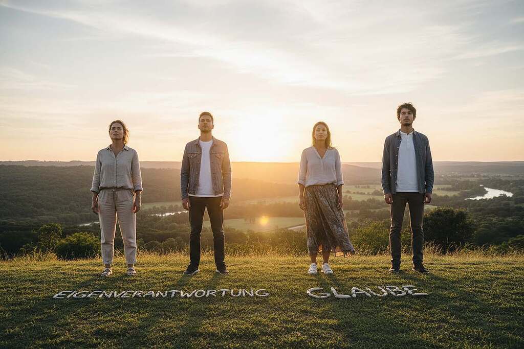 A serene and inspirational scene depicting the concepts of personal responsibility ("Eigenverantwortung") and faith ("Glaube"). In the foreground, a diverse group of four individuals, dressed in modest casual clothing, stands together with determined expressions and open postures. They are positioned on a gently sloping hill, symbolizing growth and ascent. In the middle ground, a soft, glowing light emanates from the horizon, creating a warm and hopeful atmosphere. In the background, a tranquil landscape with lush greenery and a peaceful sky at dawn symbolizes inner peace and health. The overall mood is uplifting and reflective, emphasizing the connection between individual power and spiritual belief. Illuminate the scene with soft, golden lighting to evoke a sense of warmth and optimism.