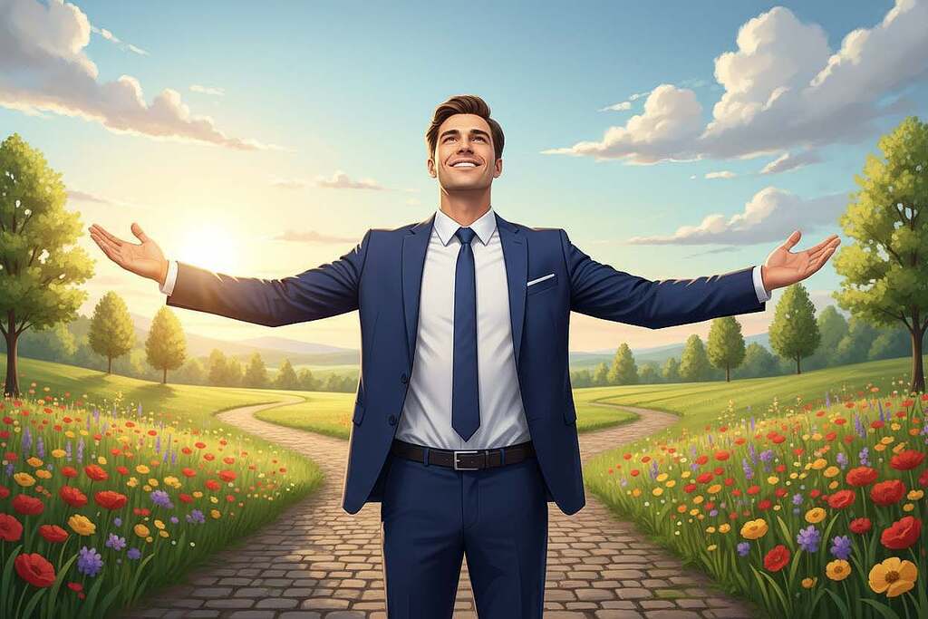 A serene and inviting scene depicting a moment of transformation, themed around healing and the journey away from pain. In the foreground, a young man in professional business attire stands with arms outstretched, bathed in soft golden light, exuding hope and vitality. His expression reveals peace and optimism. In the middle ground, a gentle pathway winds through a lush, green landscape filled with colorful flowers and vibrant trees, symbolizing growth and rejuvenation. The background features a soft blue sky with fluffy white clouds, suggesting tranquility and a bright future. The image conveys a sense of upliftment and serenity, inviting viewers to feel inspired and more connected to their inner healing journey.