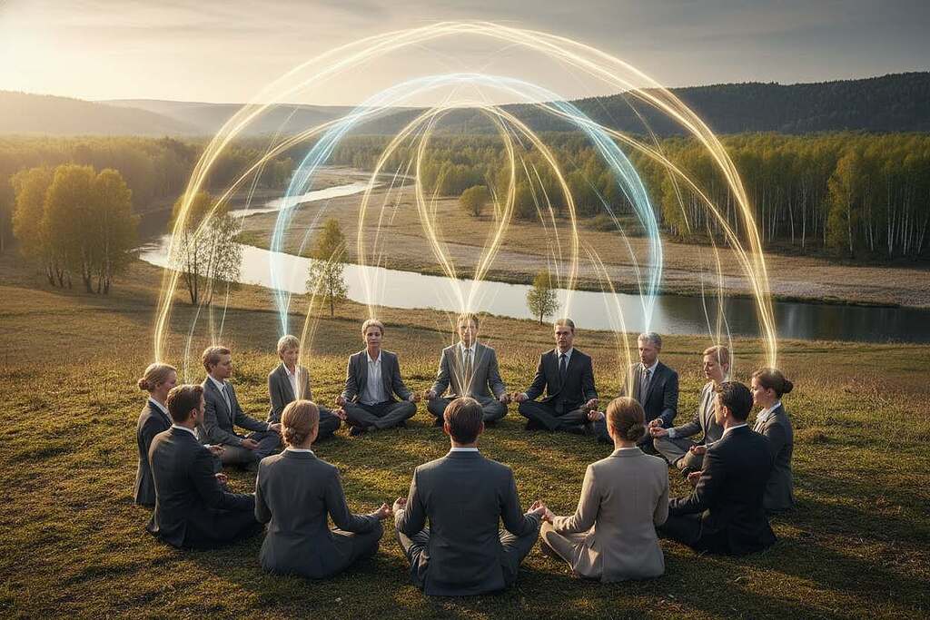 A serene and meditative scene illustrating the concept "Thoughts are Forces and Inner Attitude." In the foreground, a diverse group of individuals in professional business attire sit in a circle, their expressions peaceful and contemplative as they engage in deep thought. In the middle ground, soft ethereal beams of light emanate from their heads, symbolizing powerful thoughts manifesting as radiant energy. The background features a tranquil natural landscape, with gentle trees and a calm river flowing, reflecting the idea of inner peace and harmony. The lighting is soft and warm, creating an inviting atmosphere. The angle is slightly elevated, capturing both the group and the expansive landscape behind them, evoking a sense of connection and spiritual growth.