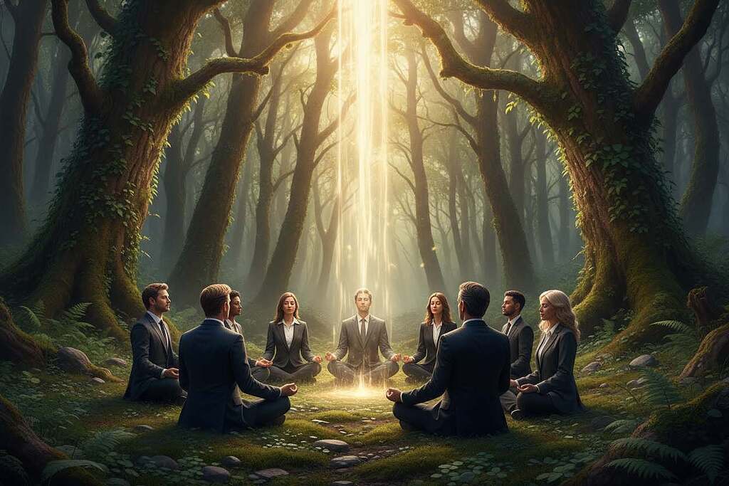 A serene and tranquil setting depicting healing through spirituality. In the foreground, a diverse group of individuals dressed in modest, professional business attire, engaging in a meditative circle, eyes closed, embodying peace and focus. In the middle ground, a gentle stream of soft, golden light cascades down from an ethereal source above, symbolizing spiritual energy and healing. The background features a lush, green forest with tall, ancient trees, their leaves glowing softly with warm sunlight filtering through, creating a sacred and uplifting atmosphere. The overall mood is one of hope, serenity, and transformation, inviting viewers to feel a connection to the power of spiritual healing. The lighting is warm and inviting, with a focus on harmony and balance within the composition.