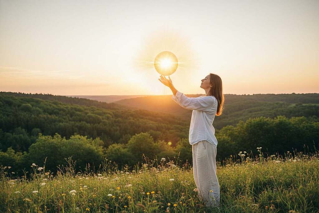 A serene and uplifting scene depicting a person standing in a tranquil, natural environment, symbolizing the recharge of life energy. In the foreground, capture a figure dressed in modest casual clothing, arms raised towards a glowing orb of light representing 'life energy', radiating warmth and vitality. The middle ground features gentle hills and lush greenery, symbolizing rejuvenation and health. In the background, a soft sunrise casts a golden hue, creating a tranquil atmosphere. Use soft, diffused lighting to highlight the subject and the orb. Capture the scene with a slight upward angle, emphasizing the connection between the person and the life energy. The mood is hopeful and invigorating, conveying a sense of healing and renewal.