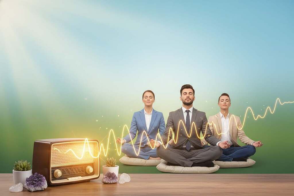 A serene and uplifting scene illustrating the concept of the "Radio-Metapher". In the foreground, depict a vintage radio emitting radiant waves symbolizing positive energy. The radio is placed on a wooden table adorned with small plants and crystals, suggesting healing and harmony. In the middle ground, illustrate a diverse group of three individuals—two men and one woman—engaged in meditation, dressed in professional business attire, their expressions peaceful and focused. The background features a soft gradient of blue and green hues, suggesting a tranquil atmosphere, with gentle beams of light filtering through, enhancing the sense of connection and resonance. Use soft lighting to create a warm and inviting mood, emphasizing the theme of aligning oneself to the right frequency for health and well-being.