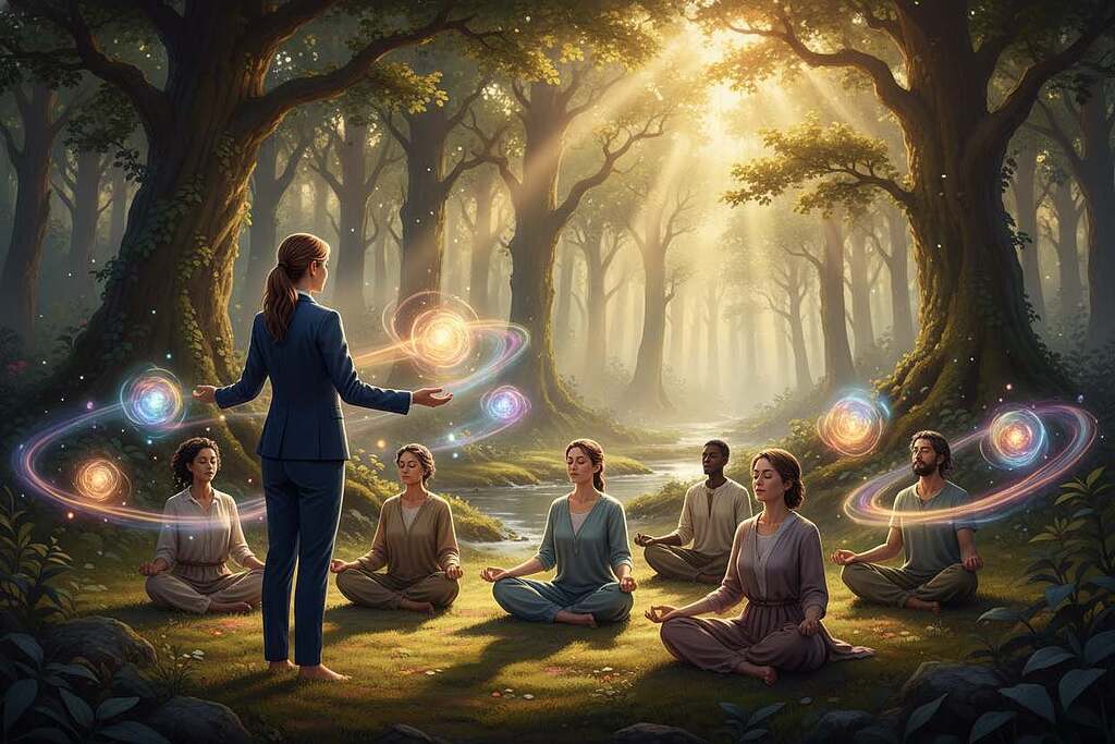 A serene landscape depicting a tranquil scene of divine healing energy. In the foreground, a compassionate healer, dressed in professional business attire, is gently guiding a group of diverse individuals seated in a meditative posture. The middle ground features soft, glowing orbs of light and vibrant colors radiating around them, symbolizing healing energy. The background presents a lush, green forest with gentle sunlight filtering through the leaves, creating a peaceful ambiance. The overall mood is one of calm, hope, and spiritual connectivity, emphasizing inner peace and health. The lighting is soft and ethereal, enhancing the sense of divine presence and tranquility. The image should have a warm color palette to evoke feelings of healing and well-being.
