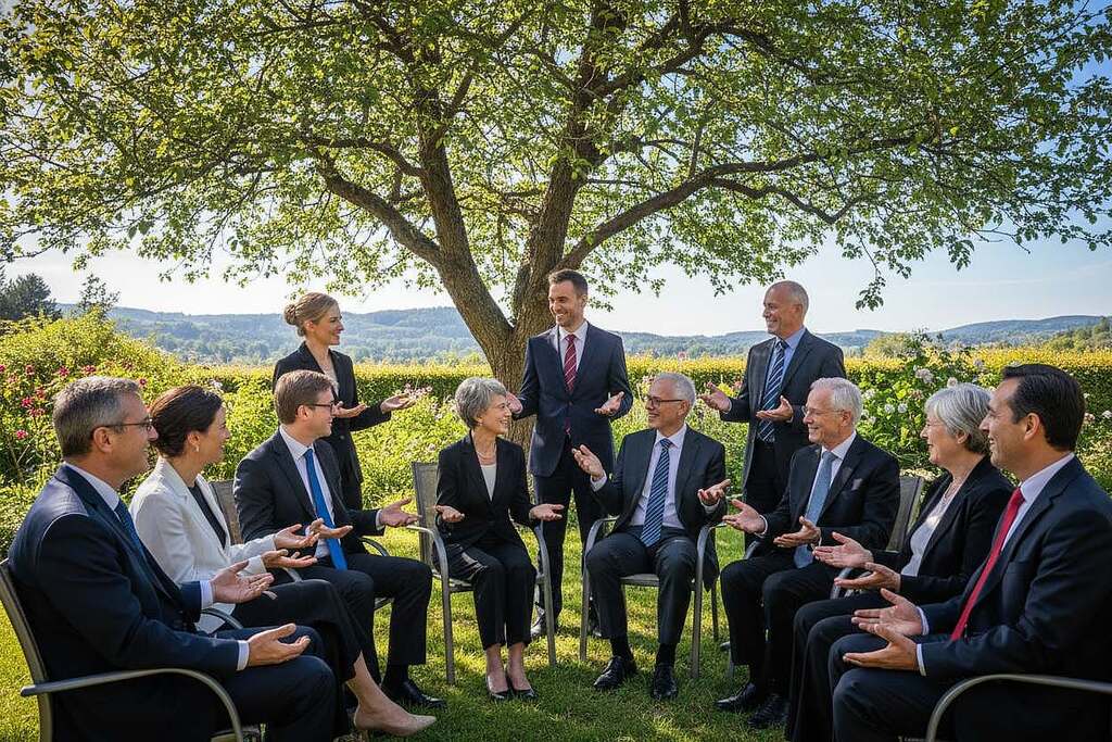 A serene outdoor gathering of a diverse group of people engaged in a lively discussion, symbolizing the Bruno Gröning-Freundeskreis. In the foreground, several individuals of varying ages and ethnicities, dressed in professional business attire, are seated in a circle under a large, leafy tree, expressing joy and camaraderie. In the middle ground, lush greenery and soft sunlight filtering through the leaves create a warm, inviting atmosphere. A few people are standing, sharing stories confidently. In the background, distant hills rise softly under a bright blue sky, enhancing the sense of connectedness with nature. The image captures an uplifting, hopeful mood, emphasizing health and community, with a focus on interpersonal relationships and collective support.