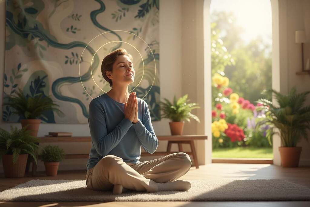 A serene scene depicting a person of faith, dressed in modest casual clothing, sitting peacefully in a sunlit room, their hands clasped in prayer. They are surrounded by soft, warm light that illuminates their contemplative expression, conveying a sense of trust and hope. In the background, gentle images representing healing, such as soothing nature elements like plants and flowing water, accentuate the feeling of calm. A subtle halo-like glow surrounds the figure to symbolize divine presence and support. The atmosphere is tranquil, encouraging a mood of confidence and serenity, with soft shadows enhancing the peaceful ambiance. A blurred window reveals a vibrant garden outside, further emphasizing the theme of faith and renewal.