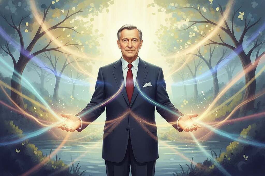 A serene, visionary representation of Bruno Gröning as the Transformer of Divine Energy, center stage. In the foreground, depict Gröning standing confidently, dressed in professional attire, with gentle, glowing energy enveloping his hands, symbolizing healing. His expression is calm and compassionate, radiating warmth. In the middle ground, illustrate soft, ethereal light beams radiating from his body, merging with vibrant colors, providing a sense of divine energy flow. The background should feature an abstract representation of nature, such as trees or flowing water, suggesting peace and tranquility. Use soft, natural lighting to create a spiritual and uplifting atmosphere, evoking feelings of healing and connection. The angle should be slightly low, emphasizing Gröning’s presence as a conduit of energy.