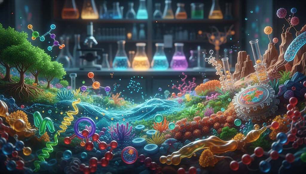 A vibrant and intricate representation of biochemical diversity, capturing a myriad of molecular structures intertwined with diverse organic forms. In the foreground, showcase colorful and detailed representations of amino acids, nucleotides, and lipids, arranged artfully to demonstrate complexity. The middle layer features a gradient of ecosystems, with lush plant life indicative of various biomes—forests, oceans, and deserts—interweaving with microscopic elements like cells and enzymes. The background should depict a soft-focus lab environment with shelves filled with scientific equipment and ethereal bioluminescence illuminating the scene. Utilize soft, diffused lighting to create a calm and contemplative atmosphere, simulating a laboratory setting. The image should invoke curiosity and reflect the richness of biochemical diversity.