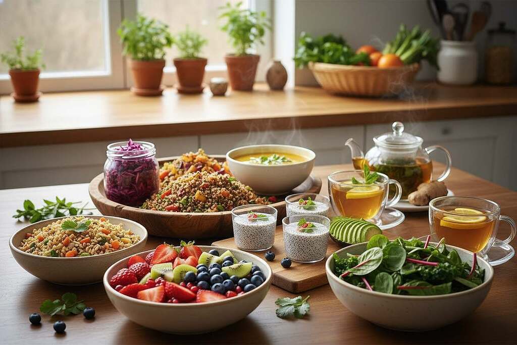 A vibrant and inviting table setting featuring an array of nutrient-dense foods designed for gut health recovery. In the foreground, display colorful bowls filled with fresh fruits, leafy greens, and sprouted grains, artistically arranged. The middle ground showcases a variety of carefully prepared dishes, such as quinoa salad, fermented vegetables, and calming herbal teas, emphasizing visual diversity and nutritional richness. In the background, a soft-focus kitchen scene with natural light streaming in through a window, highlighting the idea of a wholesome and nurturing environment. The mood is cheerful and rejuvenating, suggesting a supportive journey towards wellness through varied, balanced eating habits. Use a wide-angle lens to capture the abundance and ensure the colors are bright and appealing. A vibrant and inviting table setting featuring an array of nutrient-dense foods designed for gut health recovery. In the foreground, display colorful bowls filled with fresh fruits, leafy greens, and sprouted grains, artistically arranged. The middle ground showcases a variety of carefully prepared dishes, such as quinoa salad, fermented vegetables, and calming herbal teas, emphasizing visual diversity and nutritional richness. In the background, a soft-focus kitchen scene with natural light streaming in through a window, highlighting the idea of a wholesome and nurturing environment. The mood is cheerful and rejuvenating, suggesting a supportive journey towards wellness through varied, balanced eating habits. Use a wide-angle lens to capture the abundance and ensure the colors are bright and appealing.