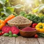 A vibrant still life featuring a variety of natural foods including quinoa, amaranth, and diverse fresh vegetables like kale, beets, and bell peppers. Arrange the ingredients artfully on a rustic wooden table, with the focus on their rich colors and textures. In the background, a soft-focus garden scene with sunlight filtering through the leaves, creating a warm, inviting atmosphere. The lighting should be bright yet soft, simulating natural light to enhance the freshness of the produce. Use a shallow depth of field to emphasize the foreground elements while gently blurring the background, capturing the essence of wholesome, unprocessed food. The mood should evoke a sense of health, vitality, and connection to nature.