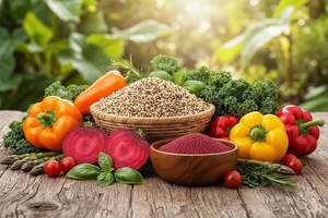 A vibrant still life featuring a variety of natural foods including quinoa, amaranth, and diverse fresh vegetables like kale, beets, and bell peppers. Arrange the ingredients artfully on a rustic wooden table, with the focus on their rich colors and textures. In the background, a soft-focus garden scene with sunlight filtering through the leaves, creating a warm, inviting atmosphere. The lighting should be bright yet soft, simulating natural light to enhance the freshness of the produce. Use a shallow depth of field to emphasize the foreground elements while gently blurring the background, capturing the essence of wholesome, unprocessed food. The mood should evoke a sense of health, vitality, and connection to nature.