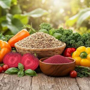 A vibrant still life featuring a variety of natural foods including quinoa, amaranth, and diverse fresh vegetables like kale, beets, and bell peppers. Arrange the ingredients artfully on a rustic wooden table, with the focus on their rich colors and textures. In the background, a soft-focus garden scene with sunlight filtering through the leaves, creating a warm, inviting atmosphere. The lighting should be bright yet soft, simulating natural light to enhance the freshness of the produce. Use a shallow depth of field to emphasize the foreground elements while gently blurring the background, capturing the essence of wholesome, unprocessed food. The mood should evoke a sense of health, vitality, and connection to nature.