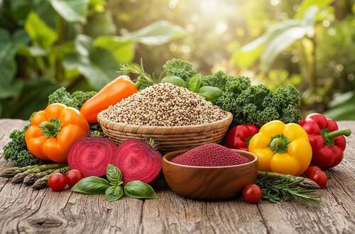 A vibrant still life featuring a variety of natural foods including quinoa, amaranth, and diverse fresh vegetables like kale, beets, and bell peppers. Arrange the ingredients artfully on a rustic wooden table, with the focus on their rich colors and textures. In the background, a soft-focus garden scene with sunlight filtering through the leaves, creating a warm, inviting atmosphere. The lighting should be bright yet soft, simulating natural light to enhance the freshness of the produce. Use a shallow depth of field to emphasize the foreground elements while gently blurring the background, capturing the essence of wholesome, unprocessed food. The mood should evoke a sense of health, vitality, and connection to nature.