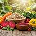 A vibrant still life featuring a variety of natural foods including quinoa, amaranth, and diverse fresh vegetables like kale, beets, and bell peppers. Arrange the ingredients artfully on a rustic wooden table, with the focus on their rich colors and textures. In the background, a soft-focus garden scene with sunlight filtering through the leaves, creating a warm, inviting atmosphere. The lighting should be bright yet soft, simulating natural light to enhance the freshness of the produce. Use a shallow depth of field to emphasize the foreground elements while gently blurring the background, capturing the essence of wholesome, unprocessed food. The mood should evoke a sense of health, vitality, and connection to nature.