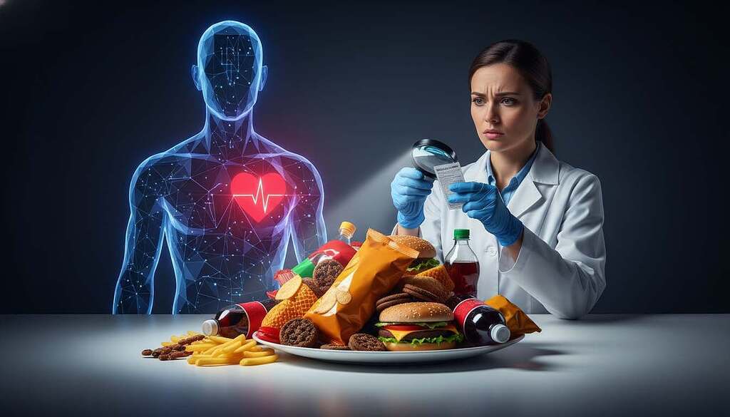 A visually striking composition illustrating the health risks associated with ultra-processed foods. In the foreground, a detailed arrangement of various ultra-processed food items, such as brightly colored packaged snacks, sugary drinks, and fast food, is contrasted against a stark, clinical white plate, symbolizing the discord between indulgence and health. In the middle ground, a concerned-looking professional in a white lab coat examines a food label under bright, focused lighting. The background fades into an abstract representation of a human silhouette encased in geometric shapes, highlighting the hidden dangers of consuming these foods. The lighting should be sharp and clinical, with shadows that evoke a somber mood, portraying the seriousness of dietary concerns. The overall atmosphere should evoke a sense of urgency and awareness about health risks.