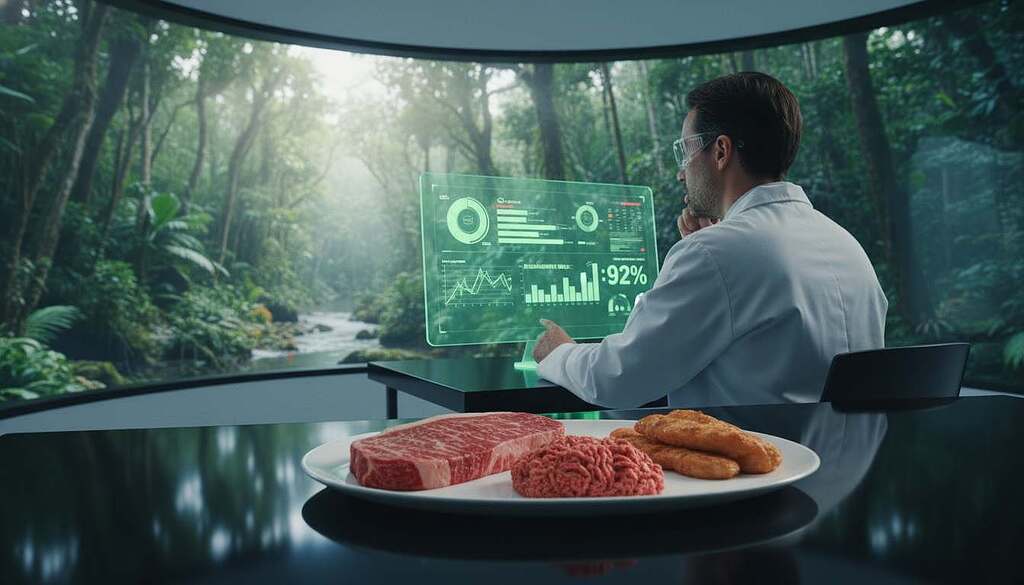 A visually striking composition showcasing the ecological impact of lab-grown meat. In the foreground, realistic lab-grown meat products displayed on a sleek, modern plate, symbolizing innovation and technology. In the middle ground, a scientist in professional lab attire examines a green digital screen, illustrating data on sustainability and environmental balance. In the background, a lush green environment with trees and sunlight filtering through, conveying a sense of natural harmony. Soft, diffused lighting highlights the meat, creating an appealing yet thought-provoking contrast. The overall mood is focused and analytical, inviting viewers to reflect on the implications of lab-grown meats in modern society, with an emphasis on greenwashing and sustainability.