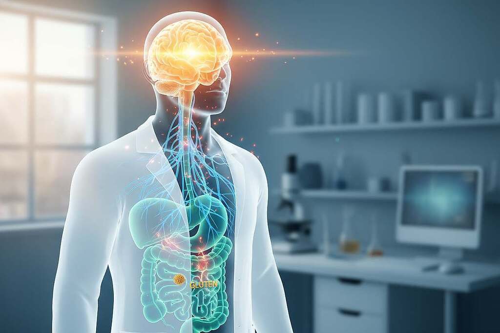 A visually striking representation of the gut-brain axis, focusing on the neurological effects of gluten. In the foreground, a stylized human silhouette, dressed in a white lab coat, is depicted with a glowing brain, symbolizing cognitive activity. The middle ground features a detailed anatomical illustration of the digestive system, highlighted in shades of blue and green, with pathways connecting to the brain. The background showcases a soft, blurred medical lab setting, with subtle light filtering through, creating a calm and thoughtful atmosphere. The overall color palette leans towards calming blues and greens, conveying a sense of well-being and exploration. The lighting is soft and natural, enhancing the intricate details of the anatomical structures without harsh shadows, inviting a sense of curiosity and understanding. A visually striking representation of the gut-brain axis, focusing on the neurological effects of gluten. In the foreground, a stylized human silhouette, dressed in a white lab coat, is depicted with a glowing brain, symbolizing cognitive activity. The middle ground features a detailed anatomical illustration of the digestive system, highlighted in shades of blue and green, with pathways connecting to the brain. The background showcases a soft, blurred medical lab setting, with subtle light filtering through, creating a calm and thoughtful atmosphere. The overall color palette leans towards calming blues and greens, conveying a sense of well-being and exploration. The lighting is soft and natural, enhancing the intricate details of the anatomical structures without harsh shadows, inviting a sense of curiosity and understanding.