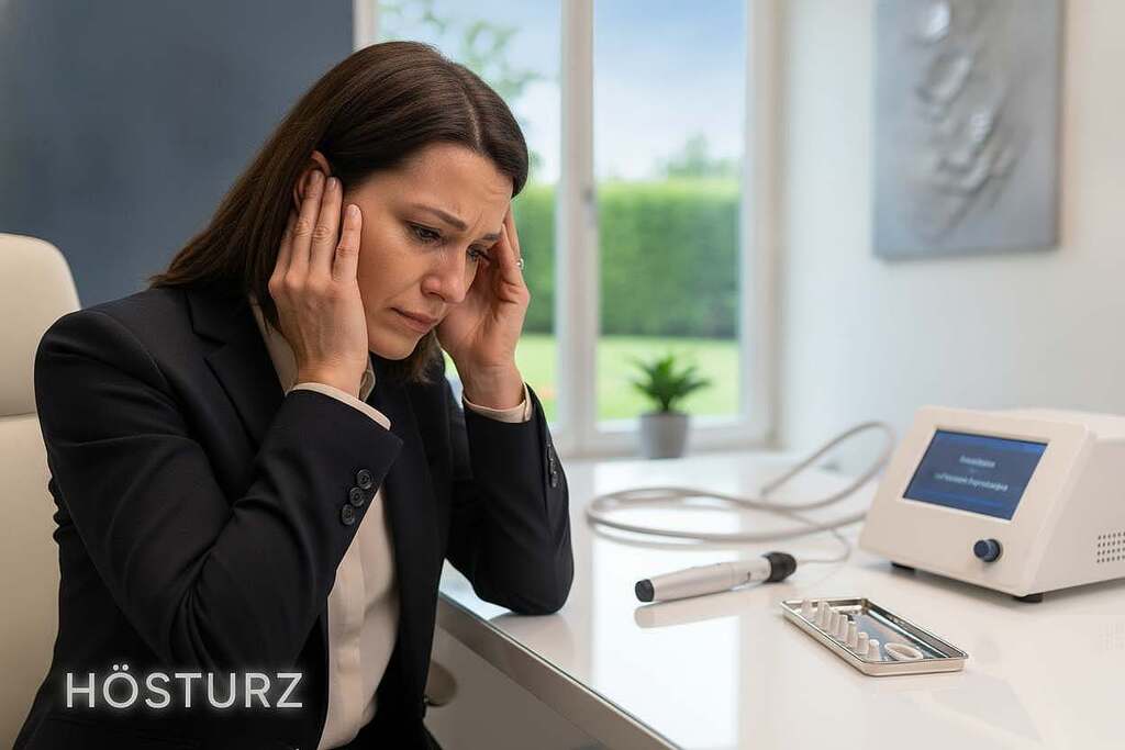 A close-up of a person experiencing acute ear pain, seated in a modern medical office. In the foreground, the individual holds their ear, showing a pained expression, dressed in professional attire. The middle ground features a sleek medical desk with advanced ear examination tools like an otoscope and laser therapy equipment. In the background, soft, diffused lighting creates a calm atmosphere, highlighting the contemporary decor of the office with soothing colors. A large window reveals a serene outdoor view. The overall mood conveys urgency and hope for quick relief, capturing the emotional intensity of "Hörsturz" while emphasizing the innovative treatment approaches discussed in the article. A close-up of a person experiencing acute ear pain, seated in a modern medical office. In the foreground, the individual holds their ear, showing a pained expression, dressed in professional attire. The middle ground features a sleek medical desk with advanced ear examination tools like an otoscope and laser therapy equipment. In the background, soft, diffused lighting creates a calm atmosphere, highlighting the contemporary decor of the office with soothing colors. A large window reveals a serene outdoor view. The overall mood conveys urgency and hope for quick relief, capturing the emotional intensity of "Hörsturz" while emphasizing the innovative treatment approaches discussed in the article.