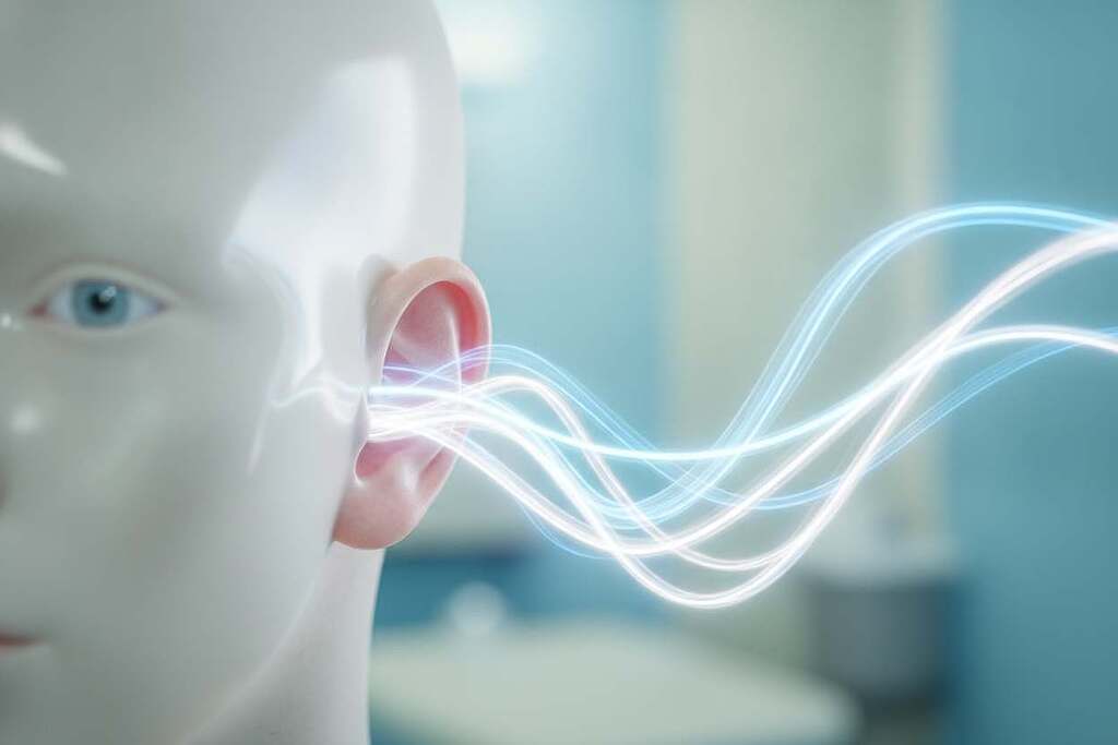 A close-up view of an ear, prominently displaying sound waves emanating from it, symbolizing tinnitus. The foreground features a pair of sound waves in vibrant blues and whites, visually representing the auditory experience. In the midground, faint outlines of a human head can be seen, with light reflections emphasizing distress and confusion. The background is softly blurred, hinting at a soothing clinical environment with pastel colors that evoke calmness. Use soft, diffused lighting to create a serene atmosphere. The focus is on the ear in a slight angle, depicting a feeling of sensitivity. The overall mood is contemplative, aiming to educate and raise awareness about tinnitus. A close-up view of an ear, prominently displaying sound waves emanating from it, symbolizing tinnitus. The foreground features a pair of sound waves in vibrant blues and whites, visually representing the auditory experience. In the midground, faint outlines of a human head can be seen, with light reflections emphasizing distress and confusion. The background is softly blurred, hinting at a soothing clinical environment with pastel colors that evoke calmness. Use soft, diffused lighting to create a serene atmosphere. The focus is on the ear in a slight angle, depicting a feeling of sensitivity. The overall mood is contemplative, aiming to educate and raise awareness about tinnitus.