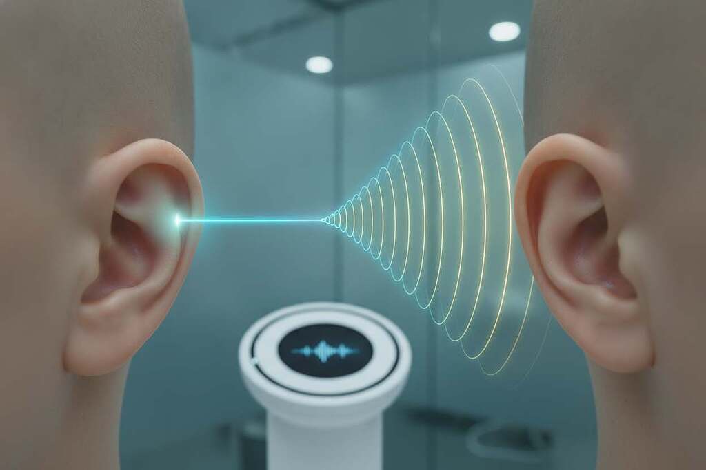 A close-up view of human ears, showcasing intricate details of the outer ear anatomy, including the helix, antihelix, and earlobe. In the foreground, a gentle beam of laser light is focused on one ear, symbolizing innovative laser therapy for treating tinnitus and ear diseases. The middle ground features soft, swirling sound waves emanating from a frequency therapy device, creating a sense of healing and vibrancy. The background is softly blurred, hinting at a calm clinical setting with soothing colors. Natural, diffused lighting enhances the serene atmosphere, emphasizing the hope and advancement in auditory treatments. The mood is optimistic and professional, reflecting modern medical approaches to ear health, without any people present in the image. A close-up view of human ears, showcasing intricate details of the outer ear anatomy, including the helix, antihelix, and earlobe. In the foreground, a gentle beam of laser light is focused on one ear, symbolizing innovative laser therapy for treating tinnitus and ear diseases. The middle ground features soft, swirling sound waves emanating from a frequency therapy device, creating a sense of healing and vibrancy. The background is softly blurred, hinting at a calm clinical setting with soothing colors. Natural, diffused lighting enhances the serene atmosphere, emphasizing the hope and advancement in auditory treatments. The mood is optimistic and professional, reflecting modern medical approaches to ear health, without any people present in the image.