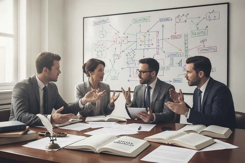 A conceptual illustration depicting the theme of "disruption of natural language structures." In the foreground, a polished wooden desk adorned with scattered papers and grammar books, representing linguistic analysis. In the middle ground, a diverse group of individuals in professional business attire engaged in animated discussion, reflecting various perspectives on grammar and readability. The background features a whiteboard with complex linguistic diagrams and notations, symbolizing the intricate nature of language. Soft, natural lighting bathes the scene, creating an inviting and thoughtful atmosphere. A wide-angle view captures the dynamic interaction, conveying a sense of urgency and critical analysis, while maintaining a clear and organized composition.