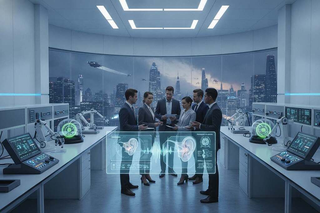 A futuristic research laboratory focused on tinnitus treatments, showcasing advanced laser and frequency therapy technologies. In the foreground, a diverse group of scientists in professional business attire, including both men and women, are engaged in discussion while examining complex holographic displays of ear anatomy and sound wave patterns. The middle ground features sophisticated equipment such as lasers and frequency modulators, intricately designed with illuminated controls. In the background, large windows reveal a high-tech cityscape, symbolizing progress and innovation. The lighting is bright and clinical, with a hint of blue tones to create a calm and hopeful atmosphere. Capture the essence of groundbreaking research and collaboration in a clean, modern setting, emphasizing the theme of future prospects in hearing treatments. A futuristic research laboratory focused on tinnitus treatments, showcasing advanced laser and frequency therapy technologies. In the foreground, a diverse group of scientists in professional business attire, including both men and women, are engaged in discussion while examining complex holographic displays of ear anatomy and sound wave patterns. The middle ground features sophisticated equipment such as lasers and frequency modulators, intricately designed with illuminated controls. In the background, large windows reveal a high-tech cityscape, symbolizing progress and innovation. The lighting is bright and clinical, with a hint of blue tones to create a calm and hopeful atmosphere. Capture the essence of groundbreaking research and collaboration in a clean, modern setting, emphasizing the theme of future prospects in hearing treatments.
