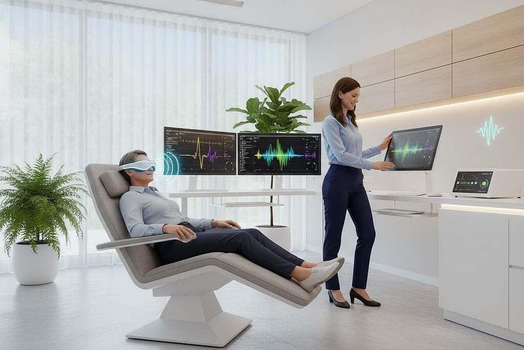 A modern clinic interior, showcasing a serene and professional environment for tinnitus frequency therapy. In the foreground, a middle-aged person seated comfortably in a high-tech therapy chair, wearing a sleek headset that emits gentle sound waves. The therapist, dressed in a smart business attire, stands nearby, adjusting the equipment with a subtle smile, creating an atmosphere of care and expertise. In the middle ground, advanced medical equipment and monitors displaying waveforms, softly illuminated by warm lighting. The background features large windows letting in soft, natural light, with plants adding a touch of tranquility. The overall ambiance is calm and hopeful, emphasizing innovation in sound therapy for tinnitus relief. A modern clinic interior, showcasing a serene and professional environment for tinnitus frequency therapy. In the foreground, a middle-aged person seated comfortably in a high-tech therapy chair, wearing a sleek headset that emits gentle sound waves. The therapist, dressed in a smart business attire, stands nearby, adjusting the equipment with a subtle smile, creating an atmosphere of care and expertise. In the middle ground, advanced medical equipment and monitors displaying waveforms, softly illuminated by warm lighting. The background features large windows letting in soft, natural light, with plants adding a touch of tranquility. The overall ambiance is calm and hopeful, emphasizing innovation in sound therapy for tinnitus relief.