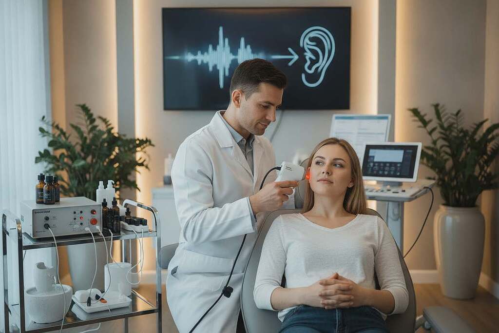 A serene clinical setting depicting a healthcare professional, dressed in a crisp white lab coat, demonstrating laser and frequency therapy on a patient sitting comfortably in a modern treatment chair. The foreground captures the focused expression of the professional as they operate a laser device, with the patient appearing relaxed and attentive. In the middle ground, an array of therapeutic tools and calming elements such as soft lighting and potted plants enhance the healing atmosphere. The background features subtle medical charts and equipment indicative of advanced auditory treatment, emphasizing the theme of chronic discomfort relief. The lighting is soft and warm, creating an inviting and hopeful mood that underscores the innovative approaches in managing chronic conditions like tinnitus. A serene clinical setting depicting a healthcare professional, dressed in a crisp white lab coat, demonstrating laser and frequency therapy on a patient sitting comfortably in a modern treatment chair. The foreground captures the focused expression of the professional as they operate a laser device, with the patient appearing relaxed and attentive. In the middle ground, an array of therapeutic tools and calming elements such as soft lighting and potted plants enhance the healing atmosphere. The background features subtle medical charts and equipment indicative of advanced auditory treatment, emphasizing the theme of chronic discomfort relief. The lighting is soft and warm, creating an inviting and hopeful mood that underscores the innovative approaches in managing chronic conditions like tinnitus.