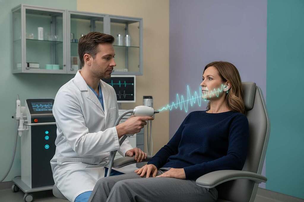 A serene clinical setting showcasing a laser therapy procedure for tinnitus treatment. In the foreground, a patient sits comfortably in a modern treatment chair, wearing professional casual clothing, with a focused expression. The middle layer features a skilled medical practitioner, also dressed in professional attire, operating a sophisticated laser device aimed at the patient's ear, with beams of soft blue and green light illustrating the therapeutic effect. The background includes medical equipment neatly arranged, and soothing pastel colors on the walls, creating a calming atmosphere. Soft, diffuse lighting enhances the clinical precision and tranquility of the scene, conveying a sense of hope and advanced healing. The angle captures both the practitioner and the patient in a way that highlights the innovative technology and compassionate care involved in the laser therapy process. A serene clinical setting showcasing a laser therapy procedure for tinnitus treatment. In the foreground, a patient sits comfortably in a modern treatment chair, wearing professional casual clothing, with a focused expression. The middle layer features a skilled medical practitioner, also dressed in professional attire, operating a sophisticated laser device aimed at the patient's ear, with beams of soft blue and green light illustrating the therapeutic effect. The background includes medical equipment neatly arranged, and soothing pastel colors on the walls, creating a calming atmosphere. Soft, diffuse lighting enhances the clinical precision and tranquility of the scene, conveying a sense of hope and advanced healing. The angle captures both the practitioner and the patient in a way that highlights the innovative technology and compassionate care involved in the laser therapy process.
