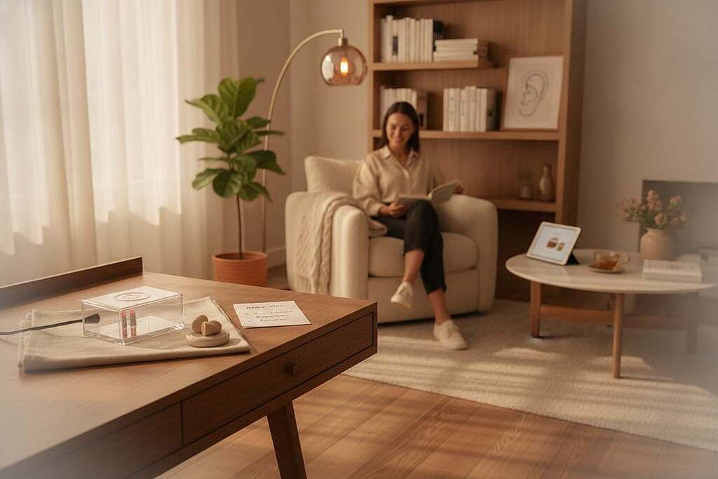 A serene home environment showcasing practical daily tips for managing tinnitus. In the foreground, a well-organized, modern desk features a crystal-clear laser device and calming earplugs elegantly displayed on a soft cloth. In the middle, a cozy living room with a plush chair and a soothing light ambiance created by a warm lamp casts gentle shadows. A small indoor plant adds a touch of nature. In the background, a shelf with books on health and wellness hints at educational resources. Warm, inviting lighting enhances the calm atmosphere, while soft-focus edges create a dreamlike quality. Ensure any human figures present are dressed in smart casual attire, exuding a sense of professionalism and comfort. A serene home environment showcasing practical daily tips for managing tinnitus. In the foreground, a well-organized, modern desk features a crystal-clear laser device and calming earplugs elegantly displayed on a soft cloth. In the middle, a cozy living room with a plush chair and a soothing light ambiance created by a warm lamp casts gentle shadows. A small indoor plant adds a touch of nature. In the background, a shelf with books on health and wellness hints at educational resources. Warm, inviting lighting enhances the calm atmosphere, while soft-focus edges create a dreamlike quality. Ensure any human figures present are dressed in smart casual attire, exuding a sense of professionalism and comfort.