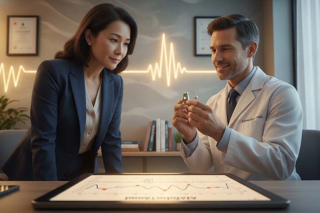 A serene medical office setting emphasizing the theme of hearing loss. In the foreground, a close-up of an audiogram on a sleek digital tablet, illustrating various sound frequencies. In the middle, a middle-aged patient with a focused expression, dressed in professional attire, listening intently to a healthcare provider, who is demonstrating a cutting-edge hearing device. The background features soft, diffused lighting with sound wave diagrams on the walls, creating an informative atmosphere. The overall mood conveys hope and innovation, encapsulating the proactive approach to managing hearing difficulties. A warm color palette enhances the supportive and encouraging environment, showcasing a balance of technology and human connection in auditory care. A serene medical office setting emphasizing the theme of hearing loss. In the foreground, a close-up of an audiogram on a sleek digital tablet, illustrating various sound frequencies. In the middle, a middle-aged patient with a focused expression, dressed in professional attire, listening intently to a healthcare provider, who is demonstrating a cutting-edge hearing device. The background features soft, diffused lighting with sound wave diagrams on the walls, creating an informative atmosphere. The overall mood conveys hope and innovation, encapsulating the proactive approach to managing hearing difficulties. A warm color palette enhances the supportive and encouraging environment, showcasing a balance of technology and human connection in auditory care.