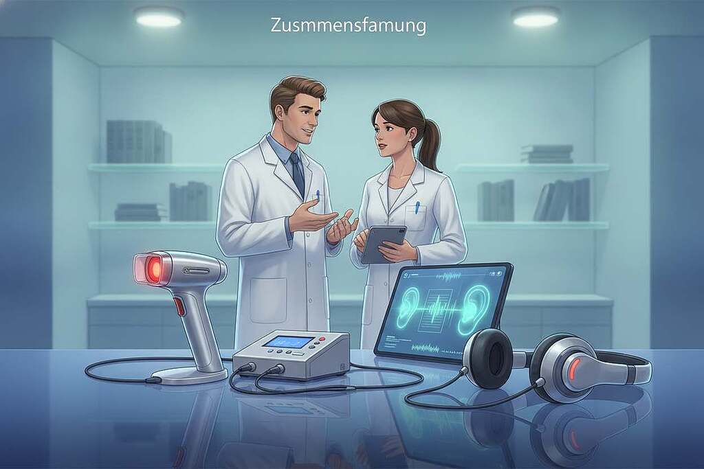 A visually striking summary illustration for an article section titled "Zusammenfassung". In the foreground, depict an assortment of modern, sleek medical tools such as laser devices and frequency therapy equipment, arranged artistically on a polished surface. In the middle ground, show a professional male and female healthcare provider, dressed in lab coats, engaged in a discussion, examining a digital tablet displaying sound wave patterns. The background should feature a softly lit clinical environment, showcasing shelves with medical books and a calming color palette of blues and greens. Use soft diffused lighting for a serene atmosphere, emphasizing clarity and professionalism. The focal point is on the cooperation and innovation in treating tinnitus with advanced therapies. A visually striking summary illustration for an article section titled "Zusammenfassung". In the foreground, depict an assortment of modern, sleek medical tools such as laser devices and frequency therapy equipment, arranged artistically on a polished surface. In the middle ground, show a professional male and female healthcare provider, dressed in lab coats, engaged in a discussion, examining a digital tablet displaying sound wave patterns. The background should feature a softly lit clinical environment, showcasing shelves with medical books and a calming color palette of blues and greens. Use soft diffused lighting for a serene atmosphere, emphasizing clarity and professionalism. The focal point is on the cooperation and innovation in treating tinnitus with advanced therapies.
