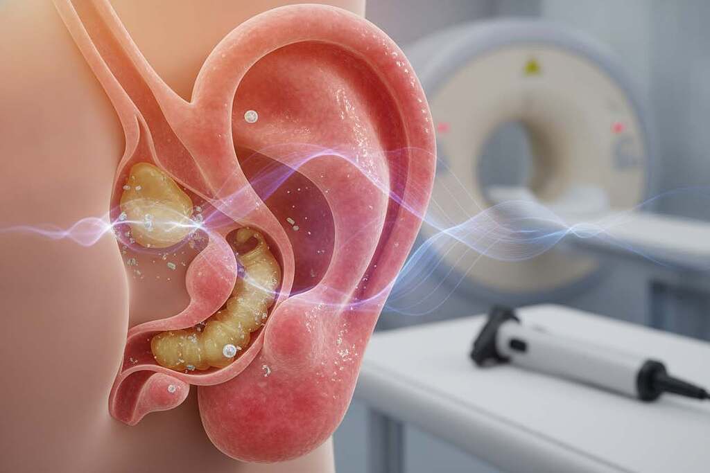 Close-up view of an inflamed inner ear, depicting the intricate structures of the labyrinth and cochlea. The foreground features a detailed, realistic representation of the affected ear anatomy, highlighting swollen tissues and fluid accumulation, with emphasis on inflammation. The middle ground includes subtle visual cues indicating sound waves and disturbances, illustrating the connection to ear disorders like labyrinthitis and otitis. In the background, a soft-focus representation of a medical environment, perhaps with imaging equipment or ear therapy devices, adds context and professionalism. The lighting is warm and soft, creating a calm atmosphere while drawing attention to the medical details. The angle is slightly tilted for an engaging perspective, enhancing the sense of depth and focus on the inner ear's complexity. Close-up view of an inflamed inner ear, depicting the intricate structures of the labyrinth and cochlea. The foreground features a detailed, realistic representation of the affected ear anatomy, highlighting swollen tissues and fluid accumulation, with emphasis on inflammation. The middle ground includes subtle visual cues indicating sound waves and disturbances, illustrating the connection to ear disorders like labyrinthitis and otitis. In the background, a soft-focus representation of a medical environment, perhaps with imaging equipment or ear therapy devices, adds context and professionalism. The lighting is warm and soft, creating a calm atmosphere while drawing attention to the medical details. The angle is slightly tilted for an engaging perspective, enhancing the sense of depth and focus on the inner ear's complexity.