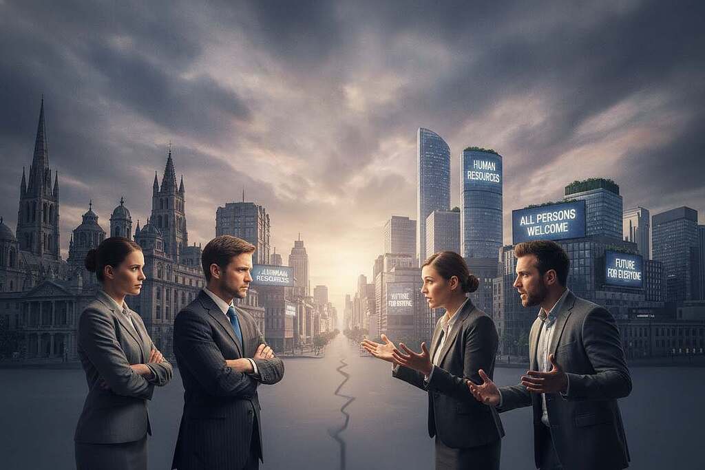In a divided urban setting, the foreground features a group of four individuals engaged in a heated discussion, dressed in professional business attire. Two of them represent traditional views, displaying their concerns with crossed arms, while the other two advocate for gender-inclusive language, demonstrating passion with animated gestures. In the middle ground, a split city skyline symbolizes contrasting societal perspectives—one side depicting historic architecture and the other showcasing modern buildings with gender-neutral signage. The background is filled with clouds, with soft, diffused lighting casting a dramatic yet thought-provoking atmosphere. The image evokes tension and urgency, highlighting the societal debate surrounding gender inclusivity in language. Use a wide-angle lens effect to capture the full scope of the dynamic scene.