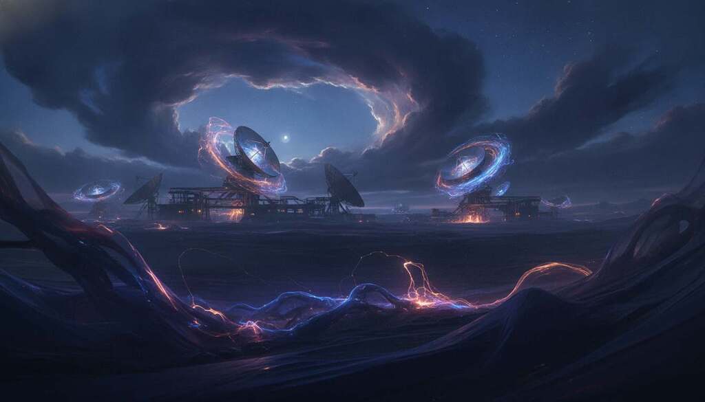 A captivating visualization of atmospheric plasma in a dynamic setting. In the foreground, wispy tendrils of glowing plasma flicker with vibrant colors—blues, purples, and fiery oranges—illuminating the air with an ethereal glow. In the middle ground, intricate patterns of ionization create a shimmering halo effect around various technological interfaces, such as metal structures or satellite dishes, suggesting a fusion of nature and technology. The background features a deep twilight sky filled with swirling clouds and hints of starlight, enhancing the otherworldly atmosphere. The scene is bathed in soft, dramatic lighting, shot with a wide-angle lens to capture the vastness. The mood is both mysterious and awe-inspiring, evoking a sense of wonder about the unseen forces that shape our environment.