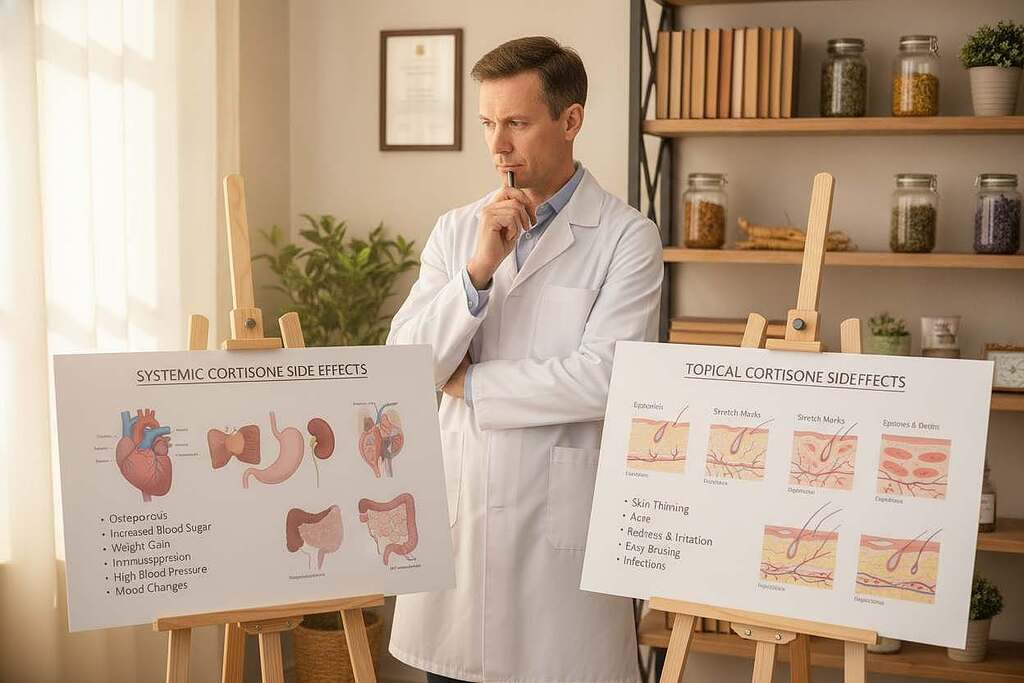 A clear comparison image illustrating the side effects of systemic and topical cortisone. In the foreground, feature two distinct medical charts – one depicting systemic side effects with a subtle illustration of internal organs, and the other illustrating topical side effects with skin layers and rashes. In the middle ground, include a European male doctor, dressed in a white coat, examining the charts with a thoughtful expression. In the background, softly lit shelves filled with medical books and herbal remedies create an informative environment, suggesting a contrast between conventional and natural medicine. The lighting should be warm and inviting, capturing a sense of professionalism and empathy in a clinic setting. The overall atmosphere should be educational and balanced, encouraging patient understanding.