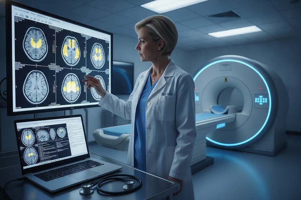 A clinical setting showcasing a medical professional in a crisp lab coat, examining an MRI scan showing areas affected by gadolinium contrast. In the foreground, focus on the laptop displaying MRI images and diagnostic readings, with a stethoscope draped casually beside it. In the middle ground, include a confident European female doctor, with short hair, intently analyzing the data, dressed in professional attire. The background features a modern MRI machine, softly illuminated by overhead fluorescent lights, creating a sterile atmosphere. Shadows add depth to the scene, emphasizing the seriousness of the diagnostic process related to gadolinium exposure and its risks. The overall mood is focused and clinical, with an emphasis on the importance of diagnosis in understanding gadolinium-related health concerns. A clinical setting showcasing a medical professional in a crisp lab coat, examining an MRI scan showing areas affected by gadolinium contrast. In the foreground, focus on the laptop displaying MRI images and diagnostic readings, with a stethoscope draped casually beside it. In the middle ground, include a confident European female doctor, with short hair, intently analyzing the data, dressed in professional attire. The background features a modern MRI machine, softly illuminated by overhead fluorescent lights, creating a sterile atmosphere. Shadows add depth to the scene, emphasizing the seriousness of the diagnostic process related to gadolinium exposure and its risks. The overall mood is focused and clinical, with an emphasis on the importance of diagnosis in understanding gadolinium-related health concerns.