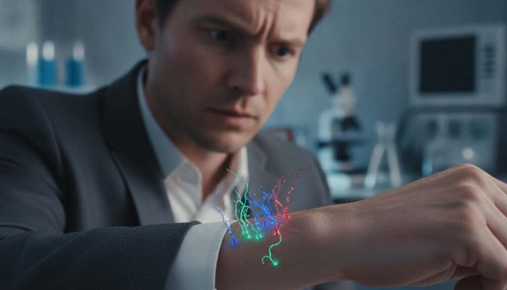 A close-up image showcasing Morgellons fibers emerging from human skin, focusing on a European male figure dressed in a modest, professional attire. The foreground features delicate, colorful fibers resembling threads, with an ethereal glow emanating from them, signifying their biological and technological nature. In the middle ground, the male figure exhibits a look of curiosity and concern, with soft lighting highlighting the texture of the skin and the fibers. The background fades into a blurred scientific lab setting, with softly illuminated equipment suggesting a research environment. Overall, the mood is a blend of intrigue and unease, creating a surreal and thought-provoking atmosphere.