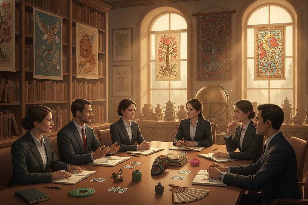 A compelling visual representation of "cultural differences in dream interpretation," set in a serene, cozy library filled with books. In the foreground, a diverse group of individuals, all dressed in professional business attire, are engaged in a deep discussion about dreams around a large wooden table. Their expressions reflect curiosity and insight. In the middle, shelves of ancient texts from various cultures, alongside vibrant dream symbolism art, illustrate different interpretations of dreams. The background features soft, warm lighting filtering through large windows, creating an inviting atmosphere. A globe and cultural artifacts subtly hint at the worldwide aspect of dream analysis. The scene conveys a mood of intellectual exploration and cultural appreciation, focusing on understanding diverse perspectives on dreams.