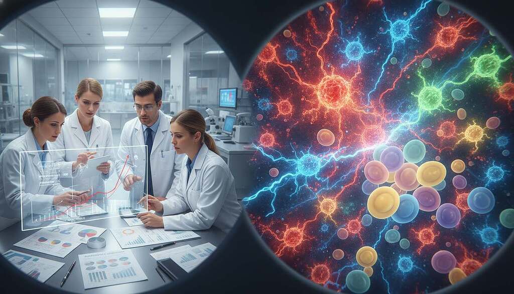 A conceptual illustration depicting misguided immune responses, featuring a split image. In the foreground, a diverse group of five European individuals in professional attire, looking concerned while examining charts and diagrams related to allergies and autoimmune diseases. In the middle ground, abstract representations of immune cells misfiring—depicted as colorful, swirling shapes—contrasting with serene, healthy cells. The background shows a laboratory setting with modern equipment, soft lighting to evoke a clinical but relaxed atmosphere. Use a macro lens perspective for close-up details on the immune cells, creating a vibrant, dynamic composition that reflects the complexities and challenges of the immune system. The overall mood should be thought-provoking and slightly urgent, capturing the essence of the section on misguided immune reactions. A conceptual illustration depicting misguided immune responses, featuring a split image. In the foreground, a diverse group of five European individuals in professional attire, looking concerned while examining charts and diagrams related to allergies and autoimmune diseases. In the middle ground, abstract representations of immune cells misfiring—depicted as colorful, swirling shapes—contrasting with serene, healthy cells. The background shows a laboratory setting with modern equipment, soft lighting to evoke a clinical but relaxed atmosphere. Use a macro lens perspective for close-up details on the immune cells, creating a vibrant, dynamic composition that reflects the complexities and challenges of the immune system. The overall mood should be thought-provoking and slightly urgent, capturing the essence of the section on misguided immune reactions.